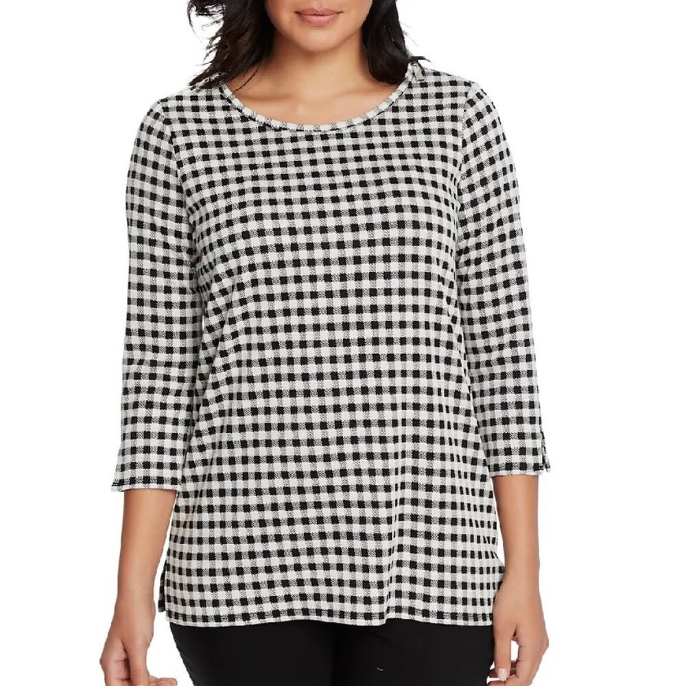 CHAUS Check Zip Shoulder Knit Top